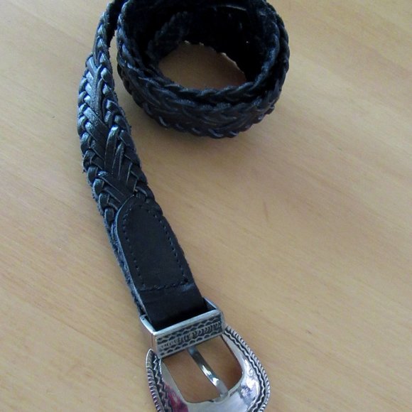 Vintage black woven unisex leather belt with silver engraved brass buckle - 38" - Picture 2 of 6